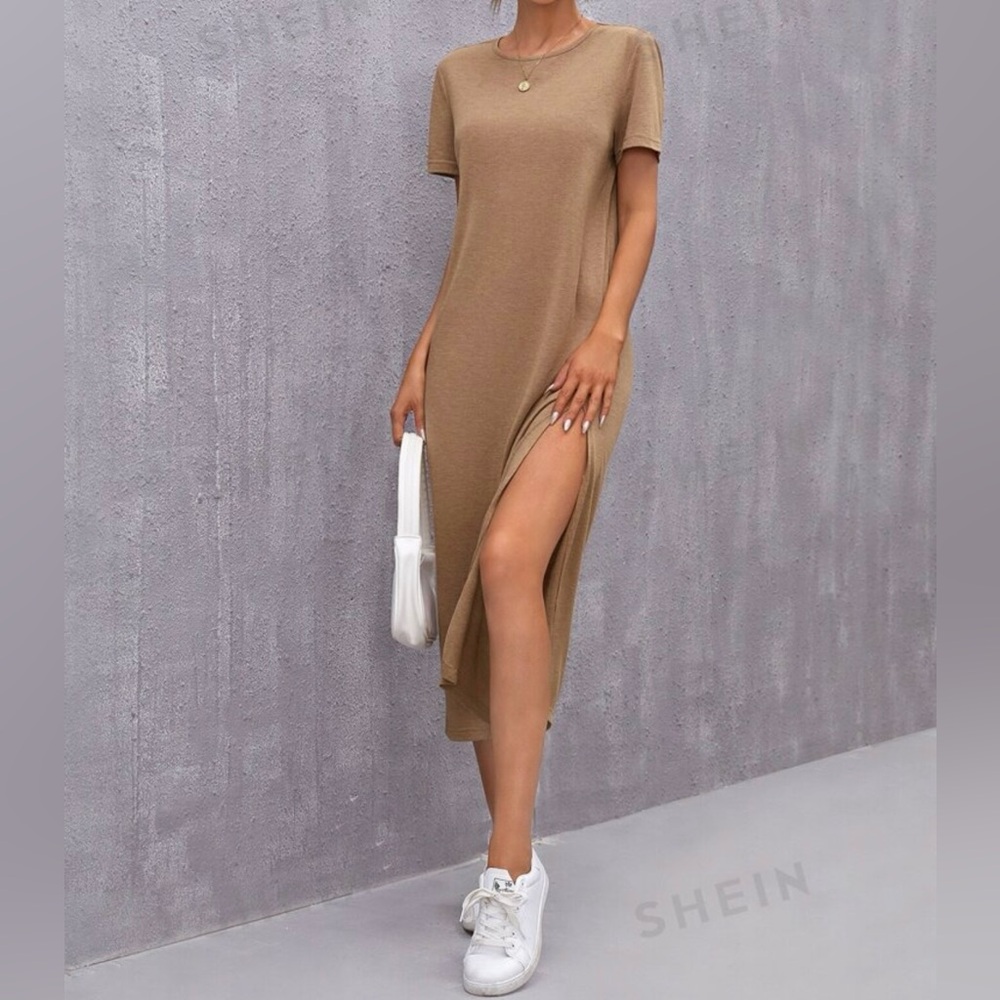 SHEIN High Split Solid Dress. Large. Camel.